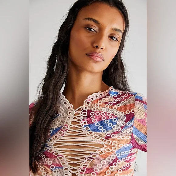 𝓯𝓹 Free People ~ Eyes on You Bell Sleeve Eyelet Mesh Crop Top - Picture 6 of 13